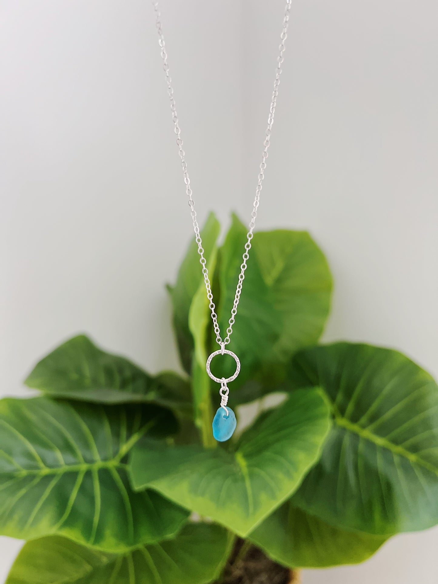 Sterling Silver Teal Sea Glass Hammered Circle Necklace