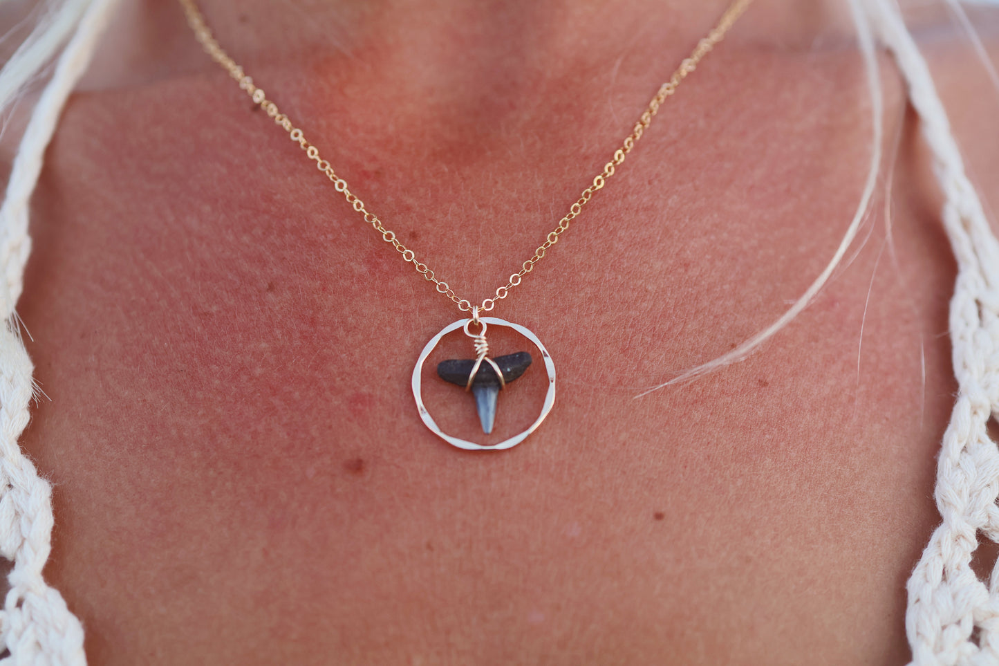 Gold Filled Shark Tooth Shiny Hammered Circle Necklace