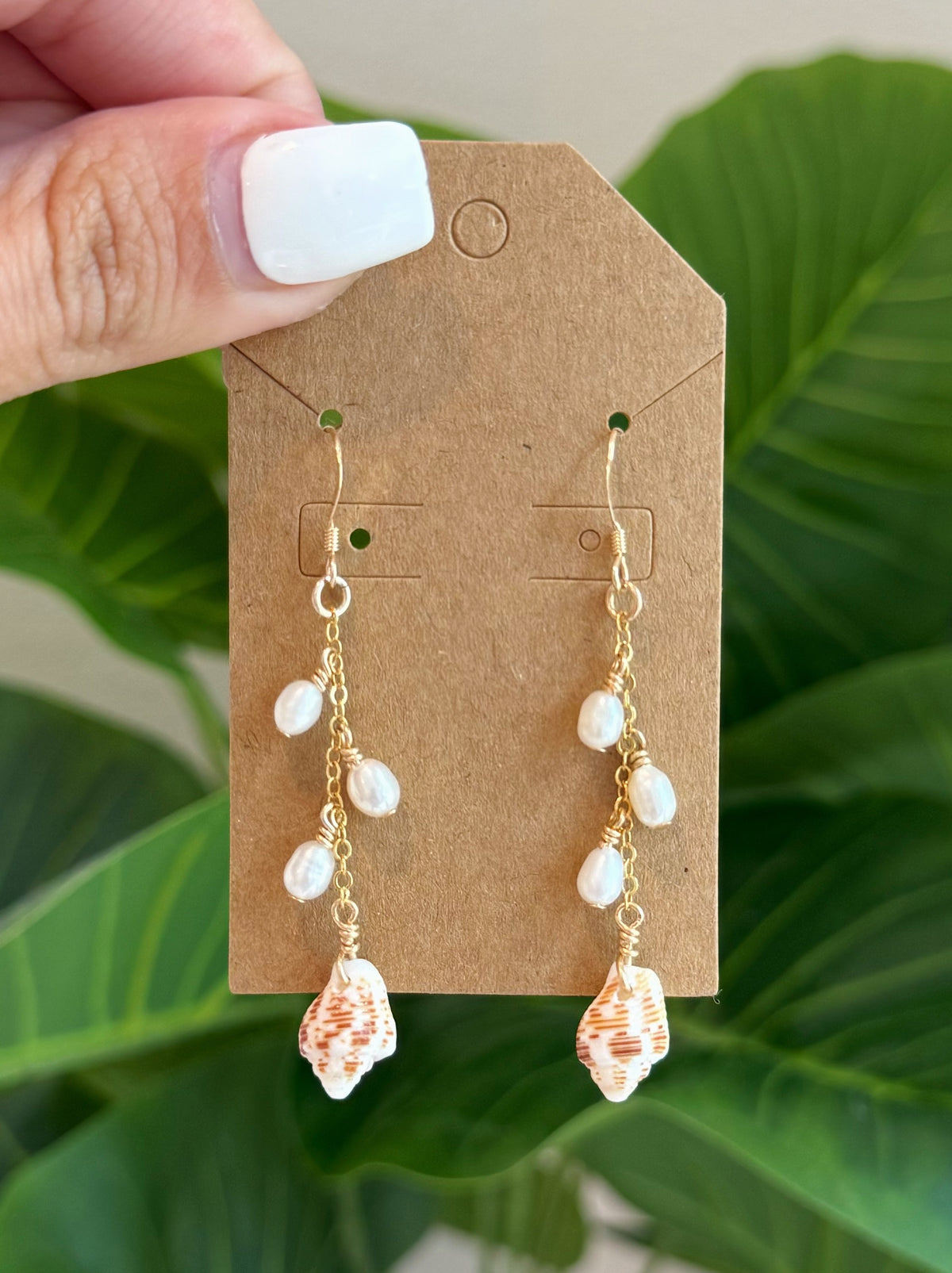 Gold Filled Pearl & Spiral Shell Dangle Earrings