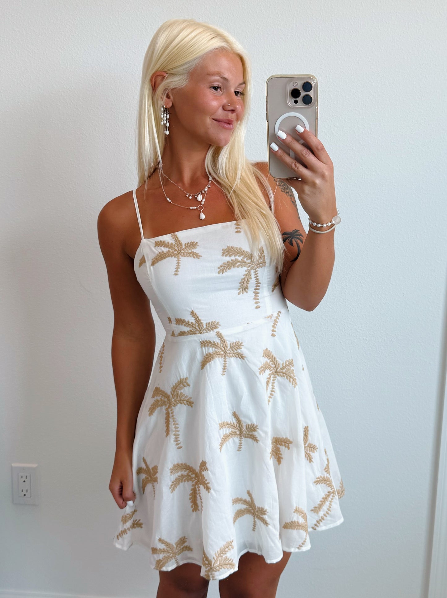 White & Tan Palm Tree Tie Back Dress