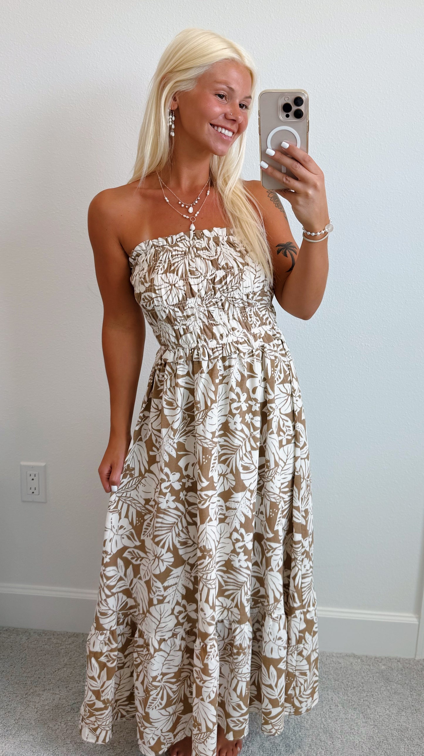 Brown Tropical Leaf Smocked Strapless Maxi Dress