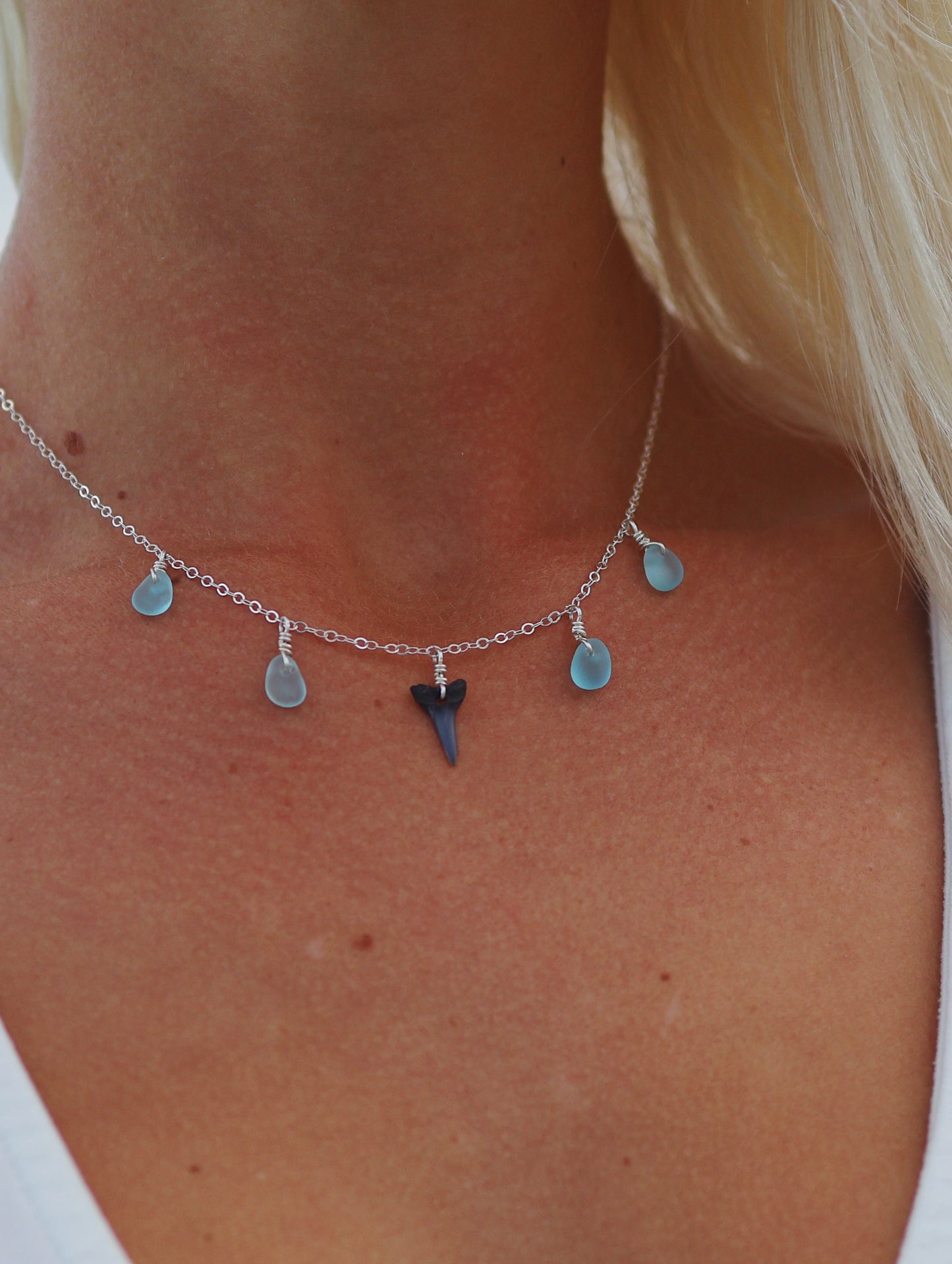 Sterling Silver Shark Tooth & Light Blue Sea Glass Multi Necklace