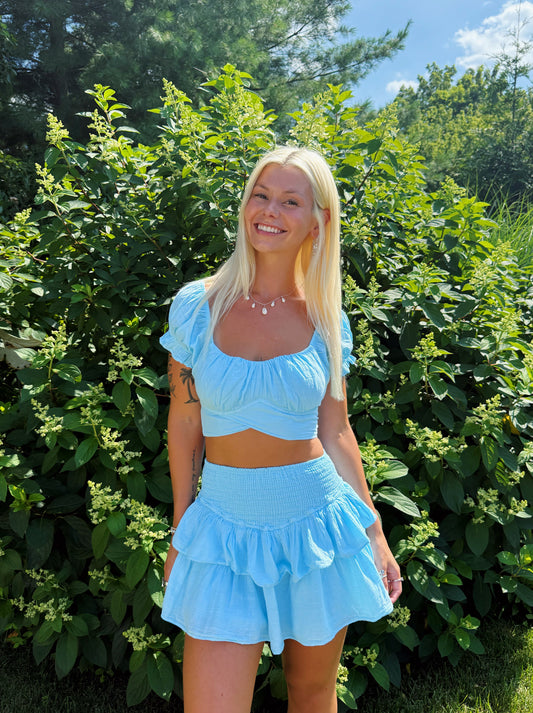 Baby Blue Short Sleeve Tie Back Top & Matching Ruffle Elastic Skirt