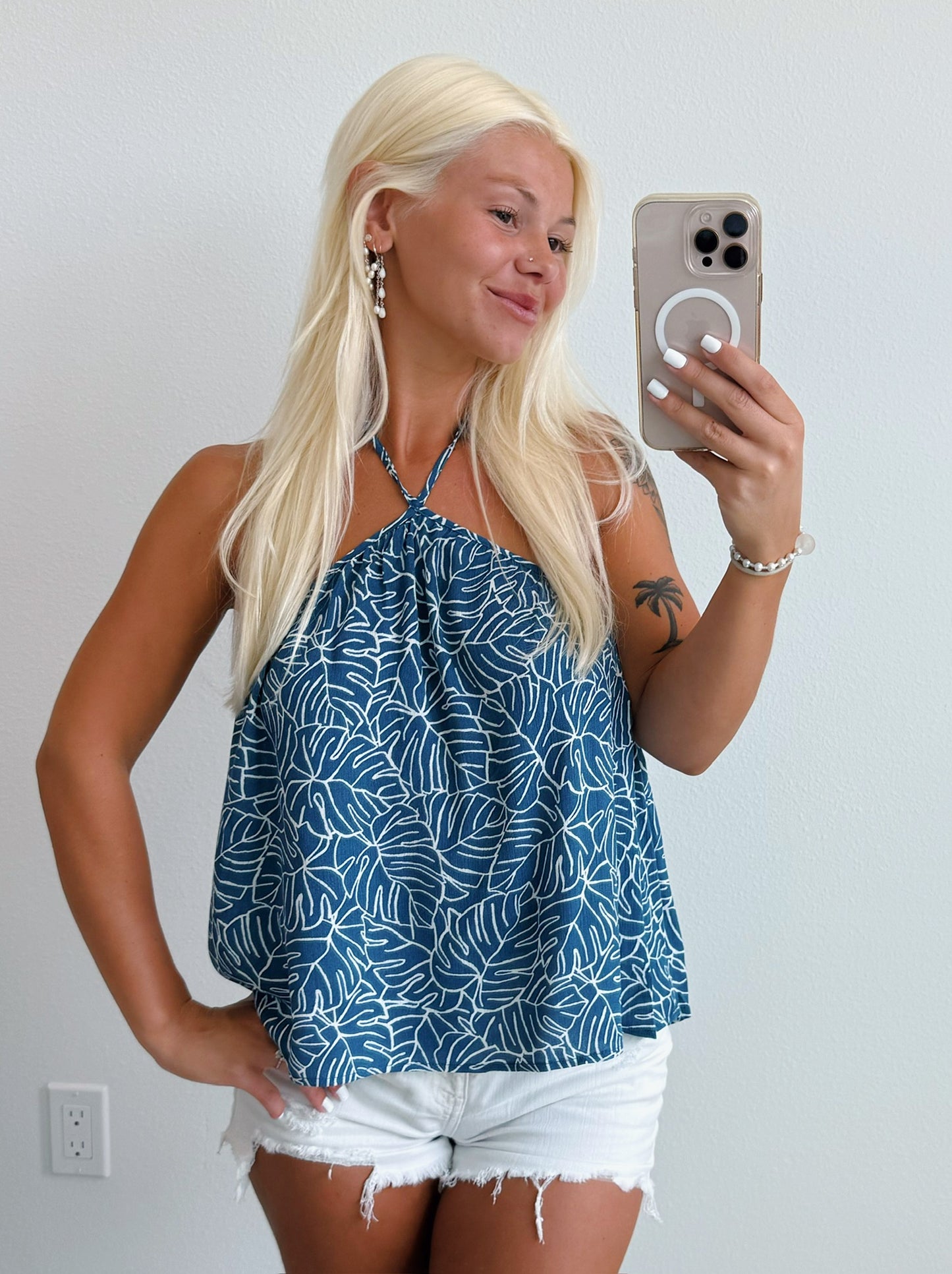Blue Monstera Leaf Halter Tank Top