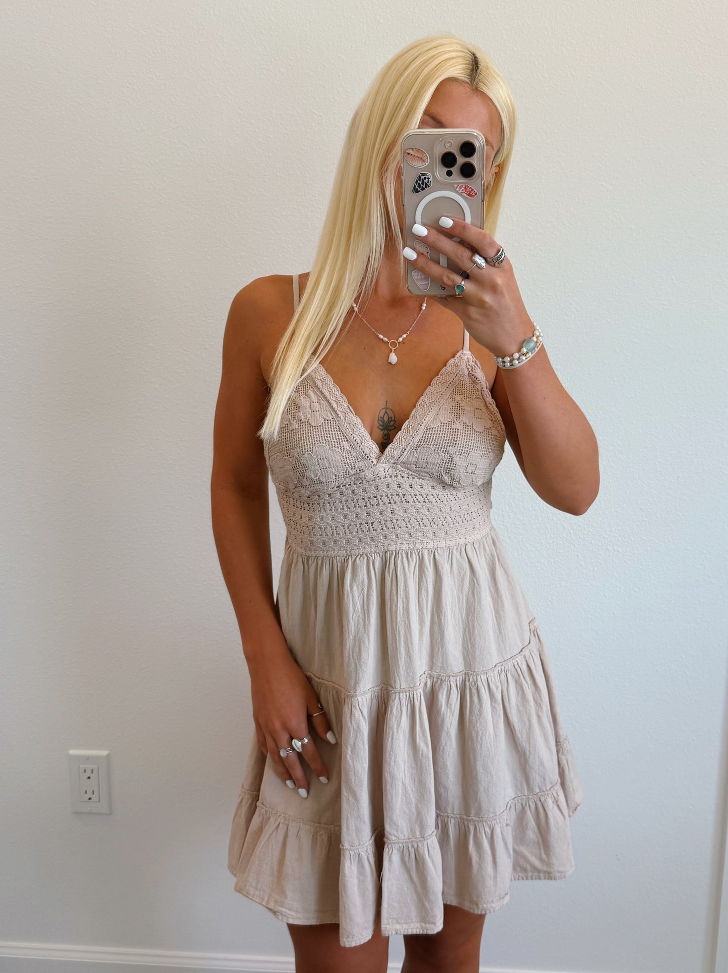 Beige Crochet Flowy Ruffle Dress