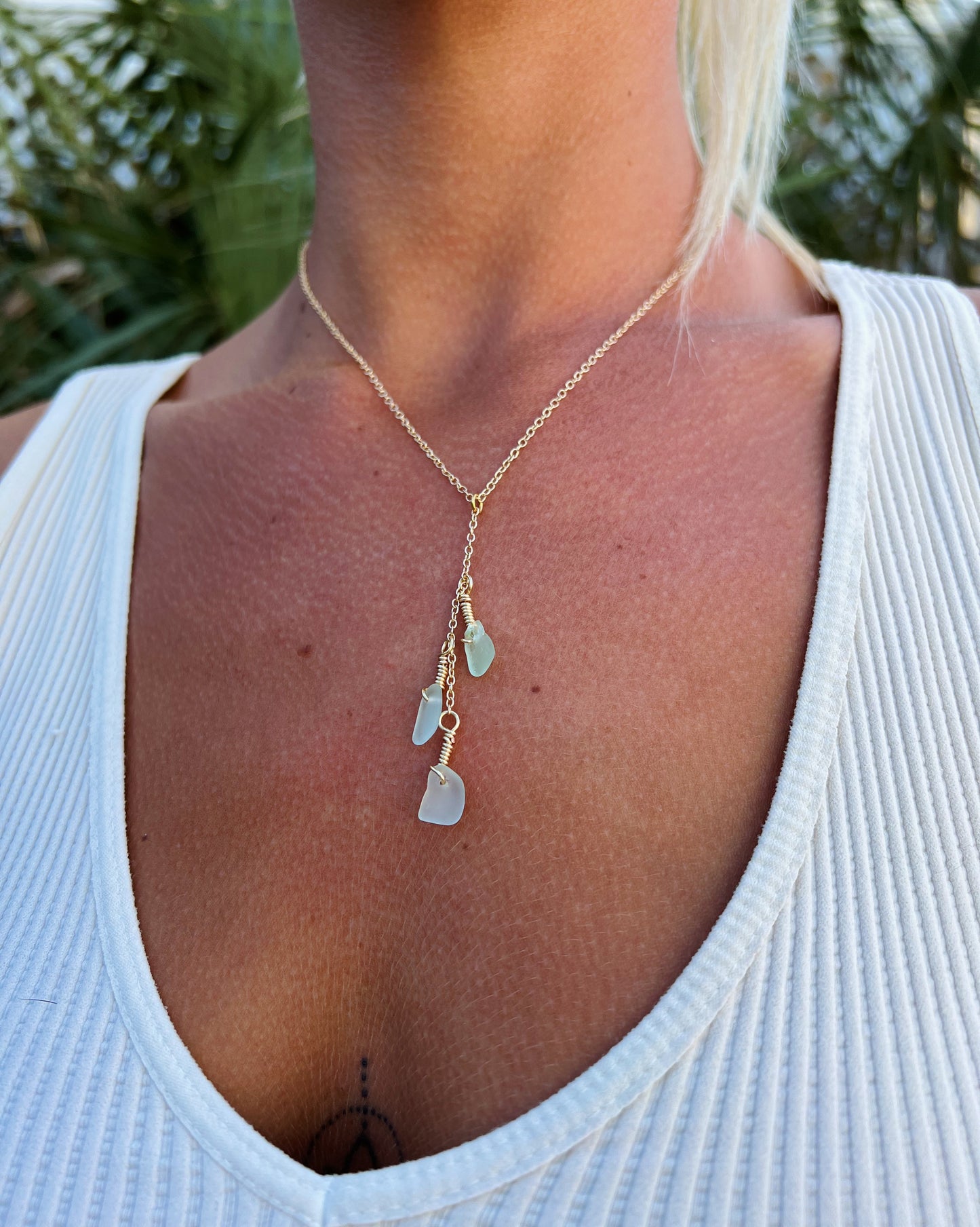 Light Blue Sea Glass Gold Drop Necklace