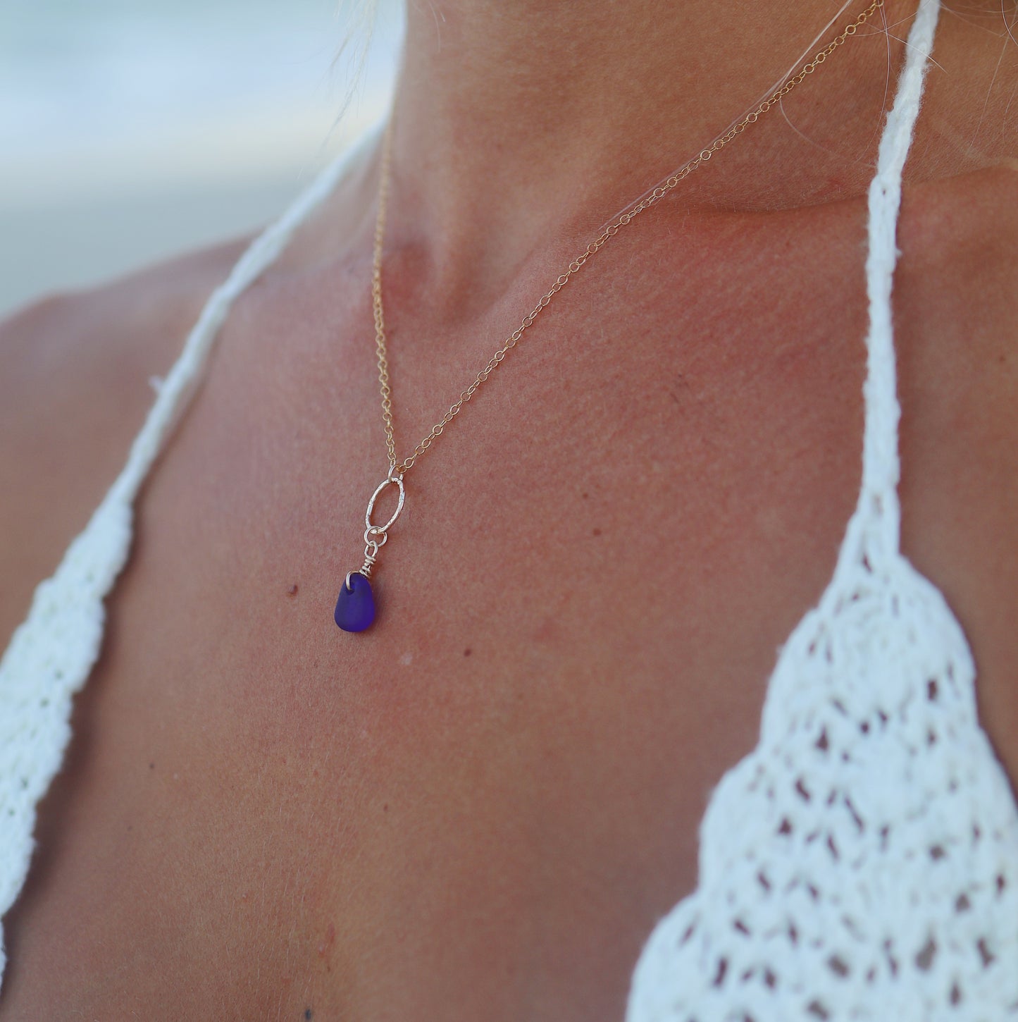 Gold Filled Royal Blue Sea Glass Hammered Circle Necklace