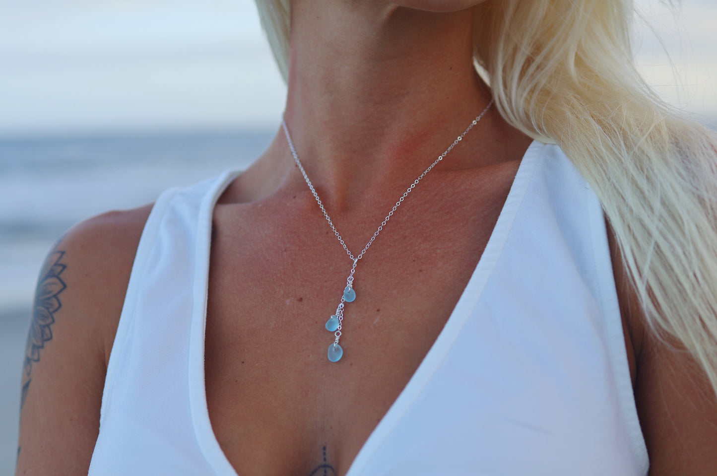 Sterling Silver Light Blue Sea Glass Drop Necklace