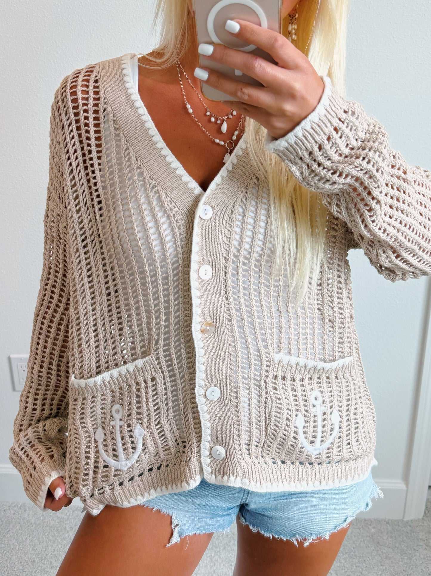 Neutral Coastal Anchor Lightweight Knit Cardigan