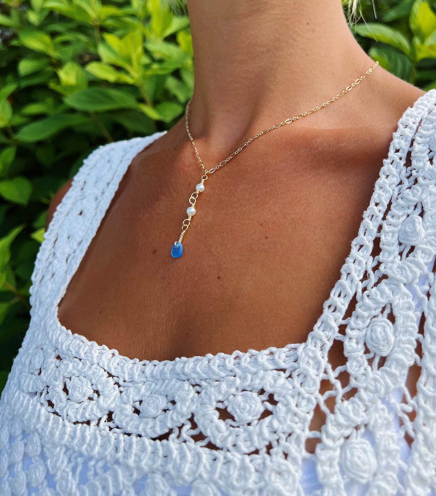 Gold Pearl Drop Ocean Blue Sea Glass Necklace