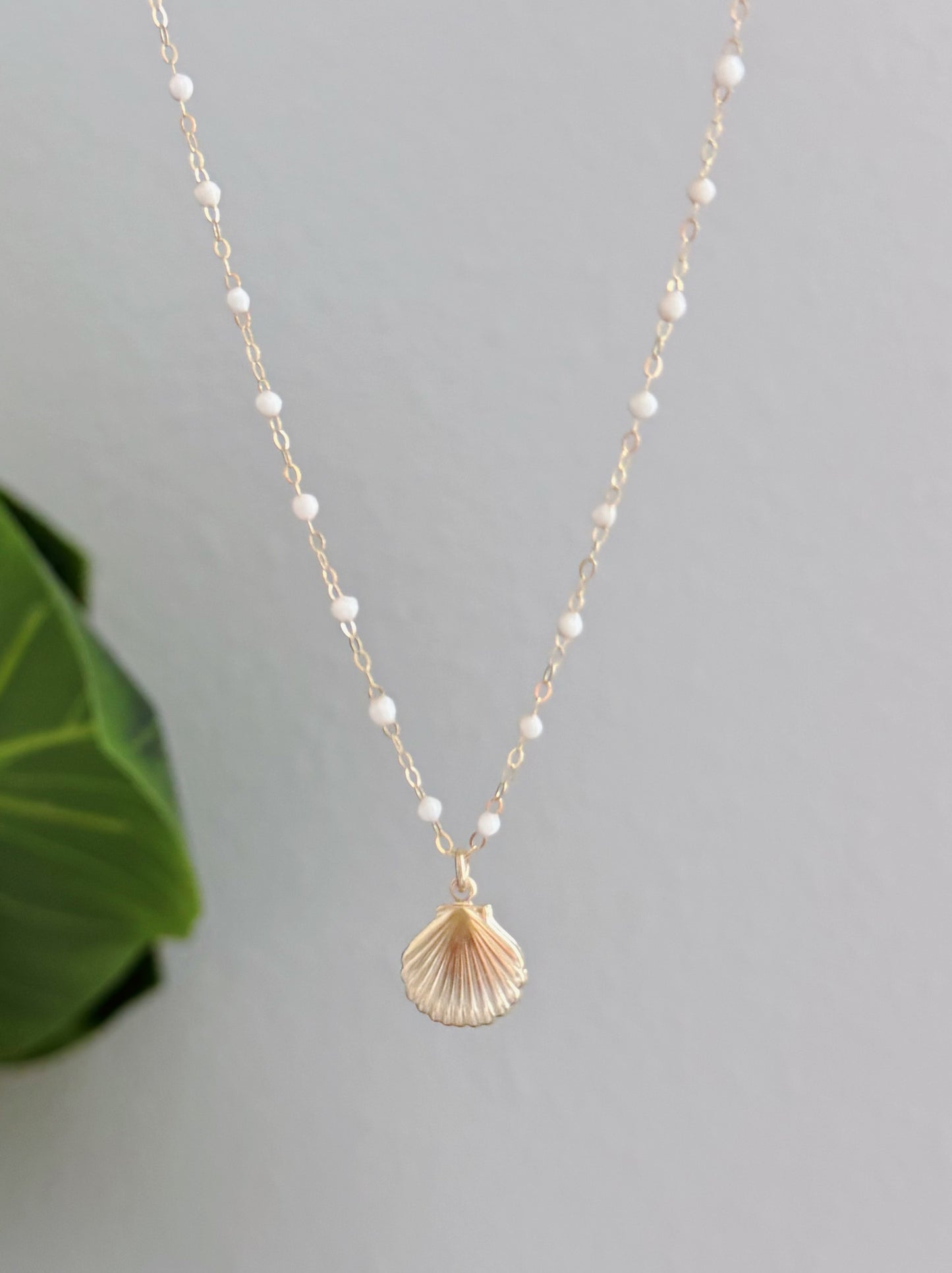Gold Filled Scallop Shell Charm Pearl Chain Necklace