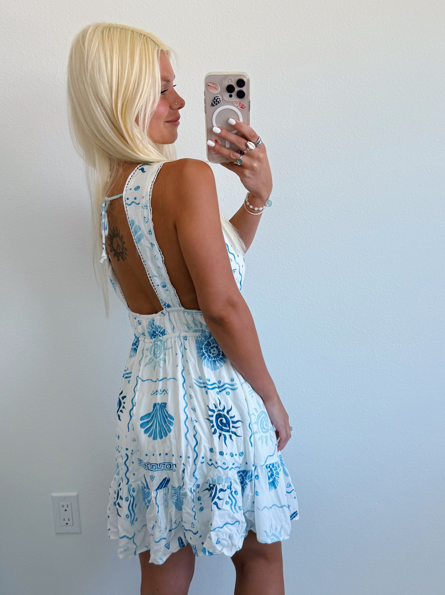 Blue Coastal Print Flowy Dress