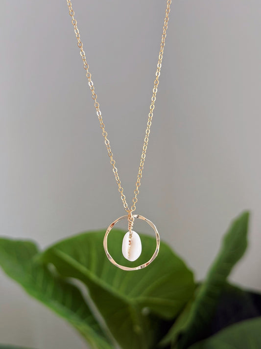 Gold Filled Cowrie Shell Shiny Hammered Circle Necklace