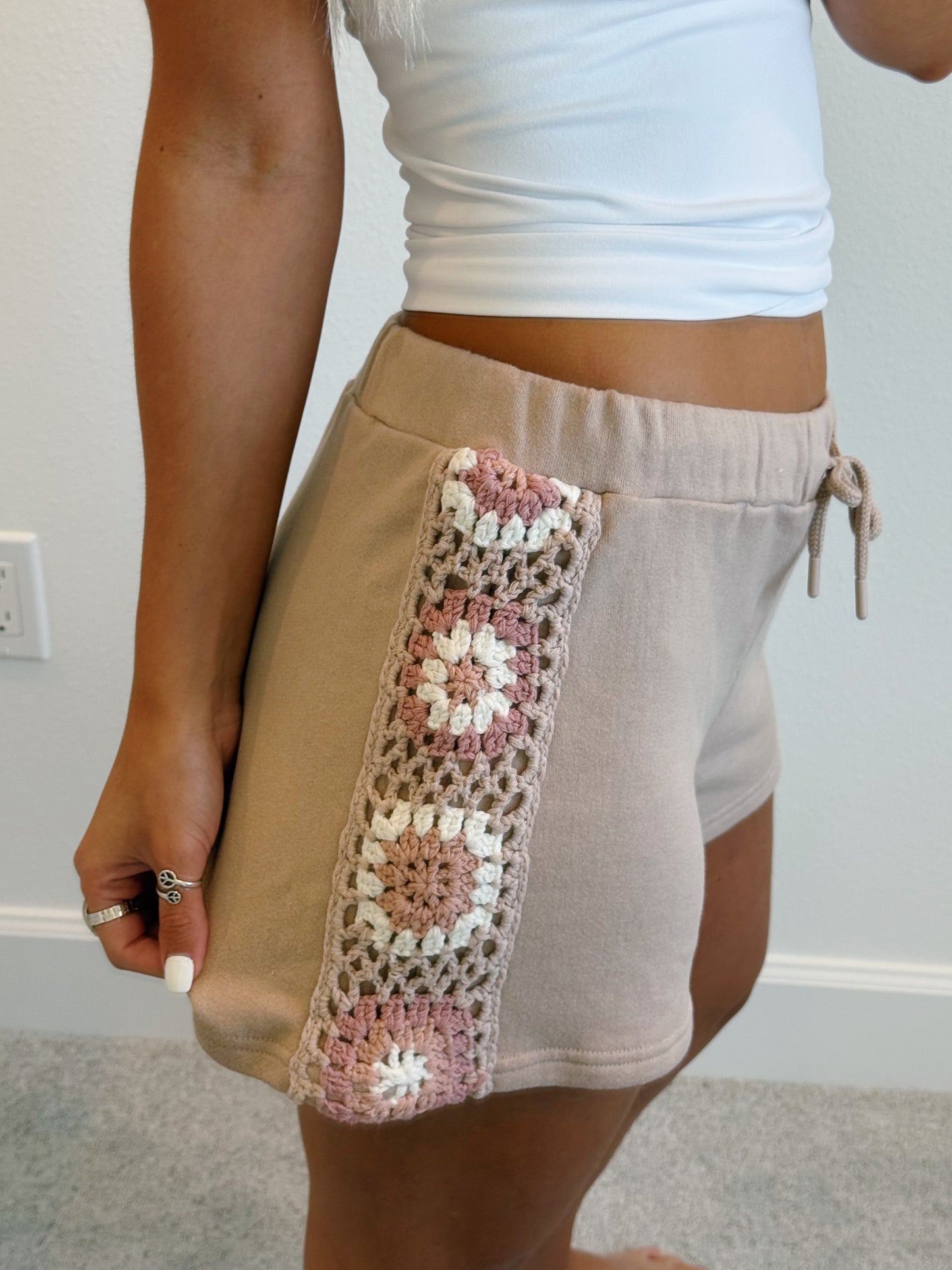 Neutral Beige Pink & White Crochet Square Shorts