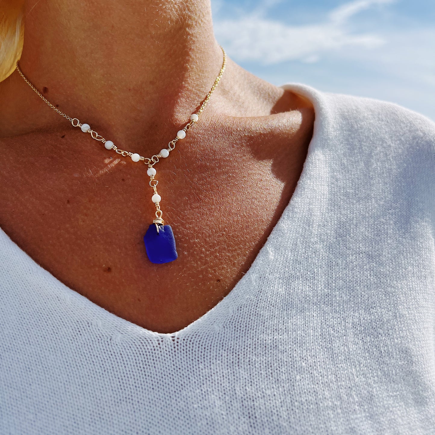 Royal Blue Sea Glass & Moonstone Necklace (Rare Sea Glass Color)