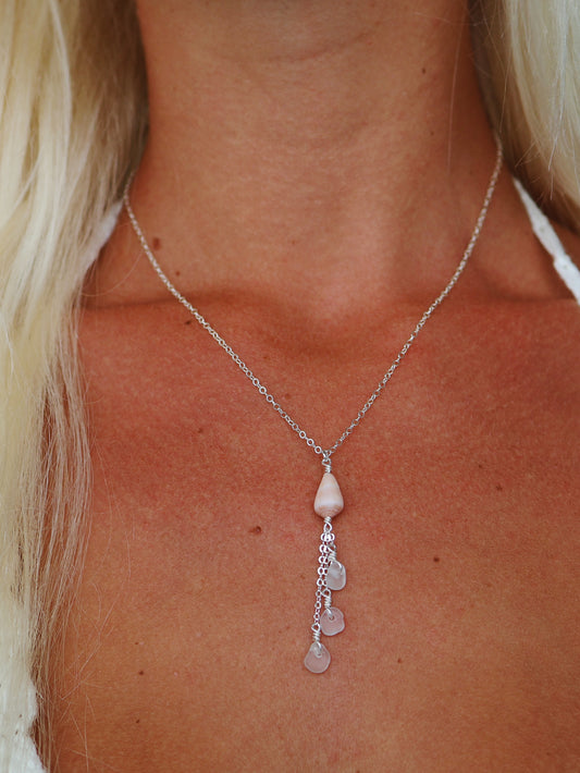 Sterling Silver Pink Cone Shell & Clear Sea Glass Triple Drop Necklace