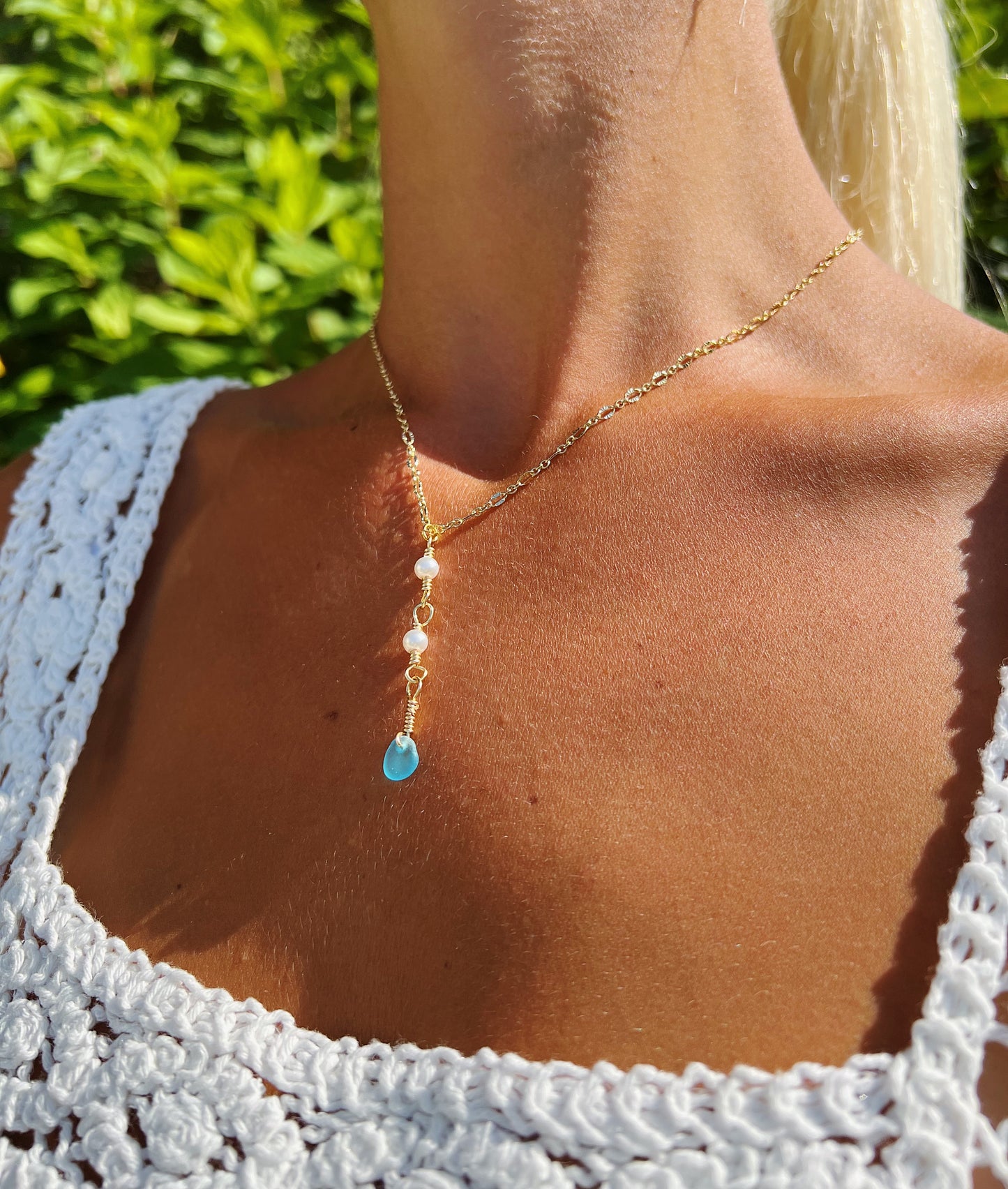 Gold Pearl Drop Light Blue Sea Glass Necklace