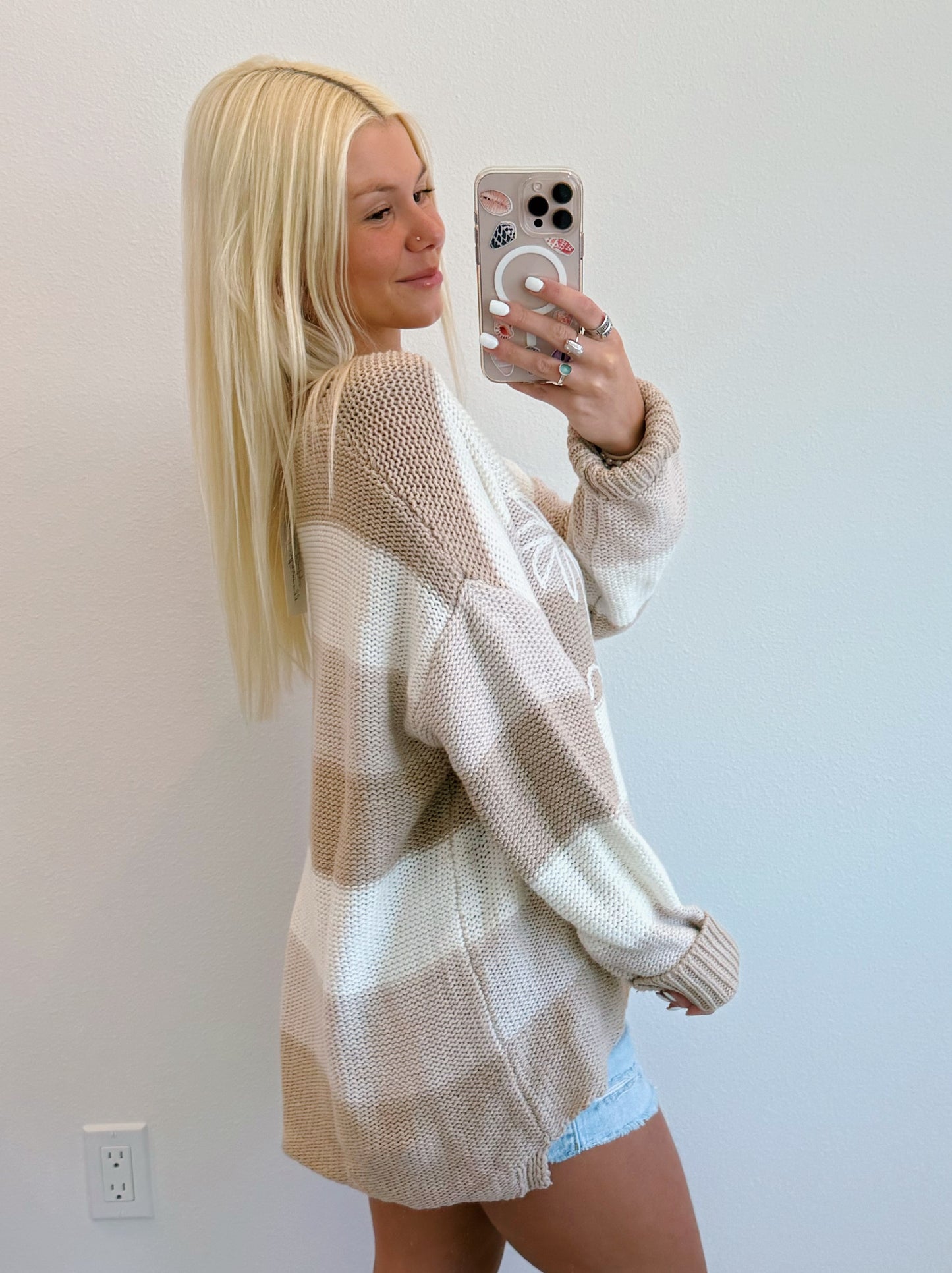 Sand Stripe Beach & Palm V Neck Knit Sweater