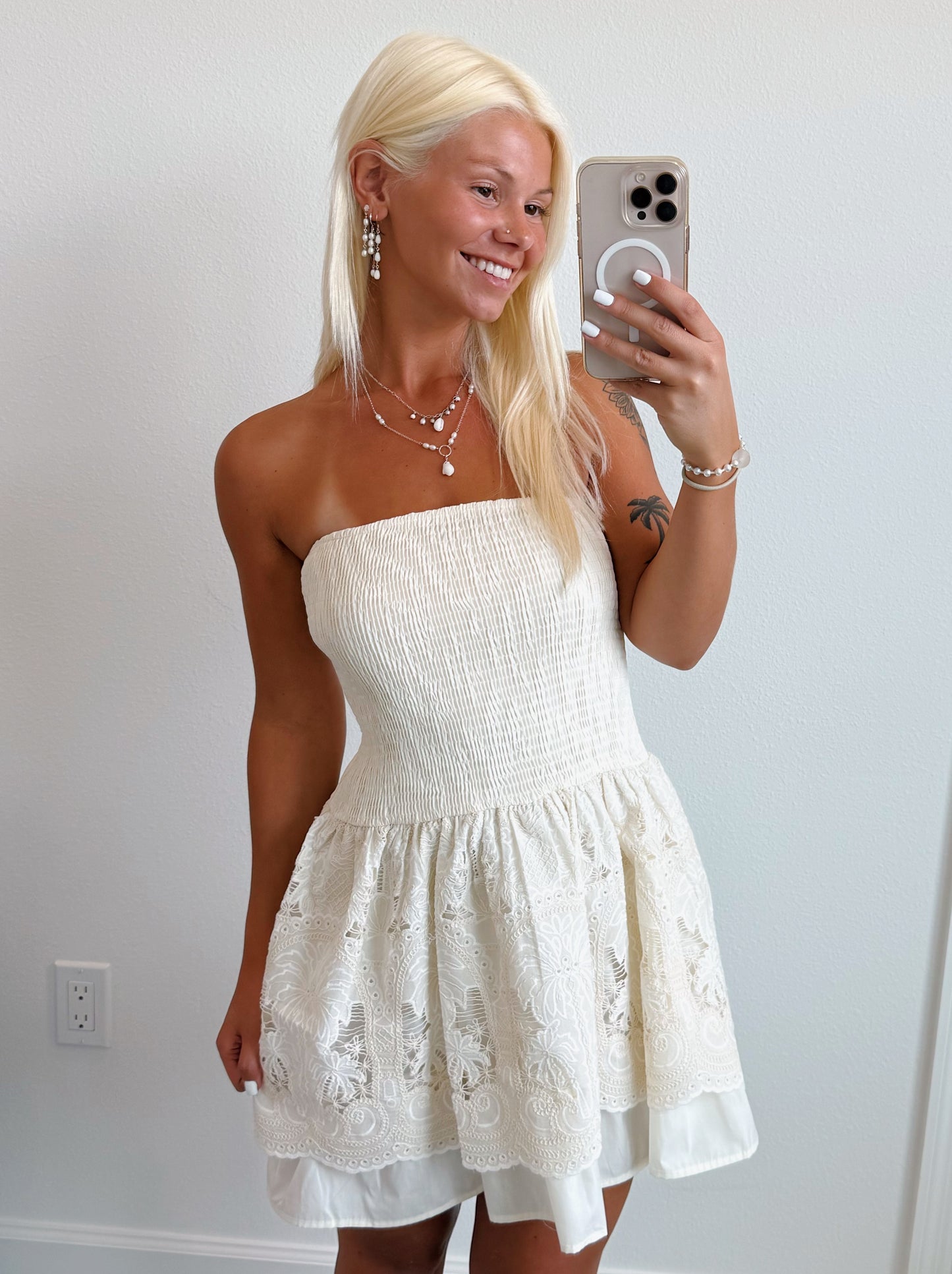 Cream Lace Embroidered Palm Tree Smocked Strapless Mini Dress