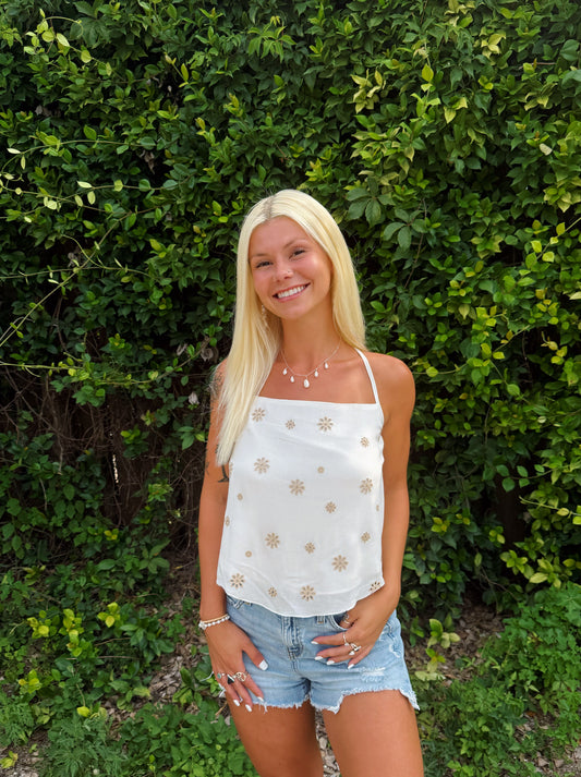 White Square Neck w/ Tan Flowers Tie Back Tank