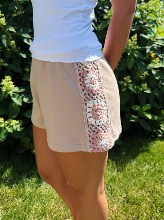 Neutral Beige Pink & White Crochet Square Shorts