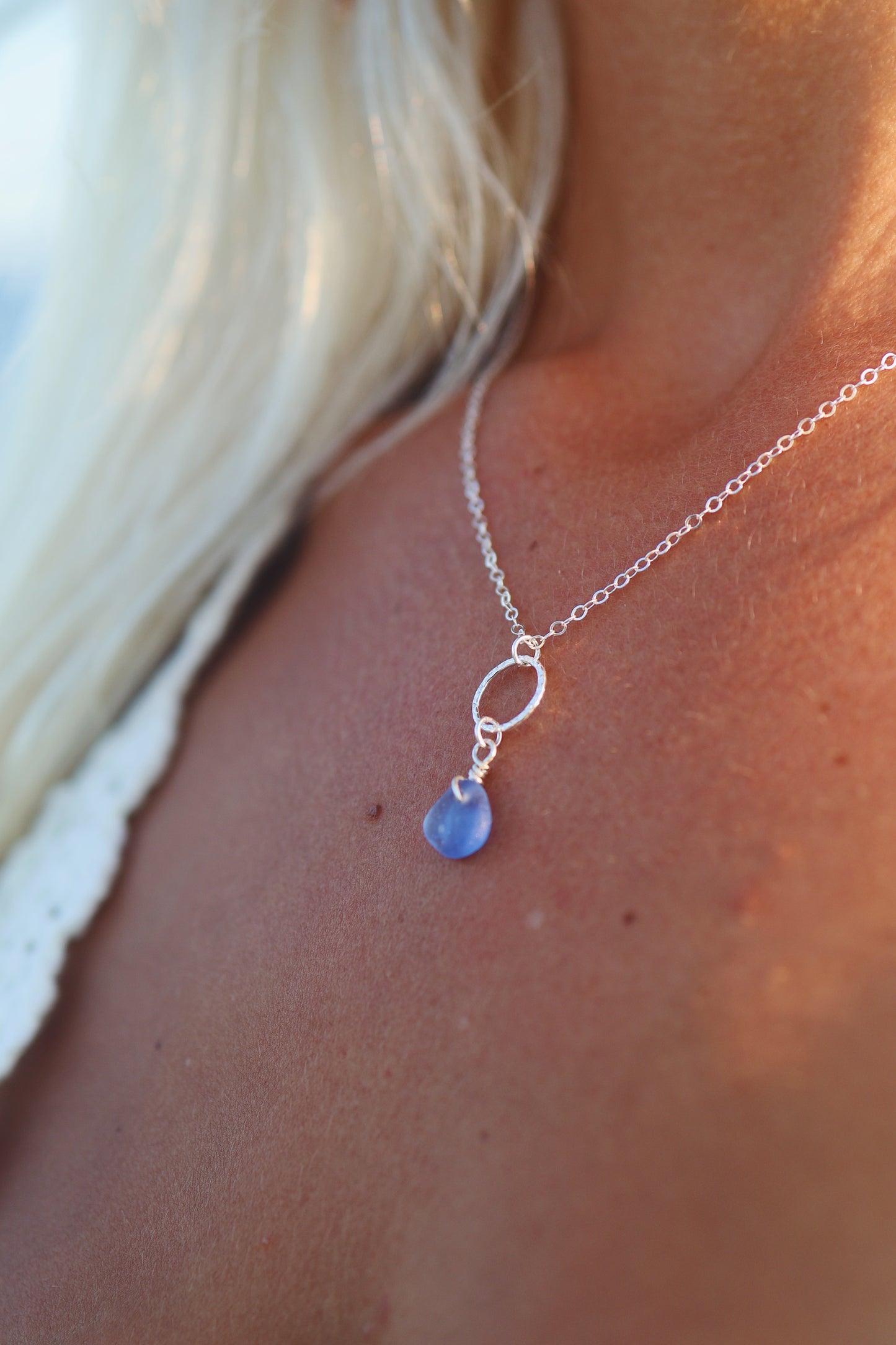 Sterling Silver Periwinkle Sea Glass Hammered Circle Necklace