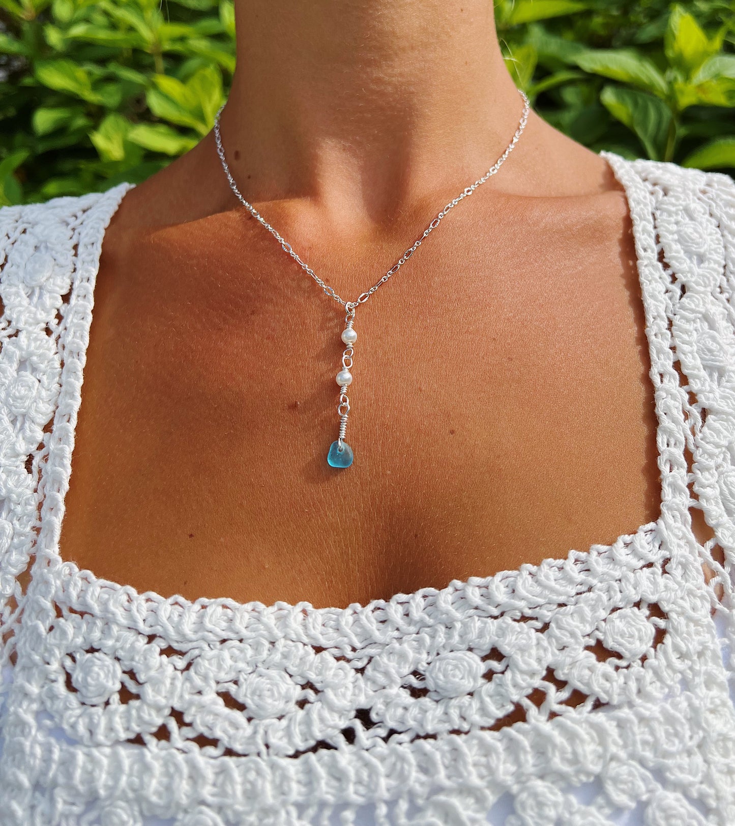 Silver Pearl Drop Light Blue Sea Glass Necklace