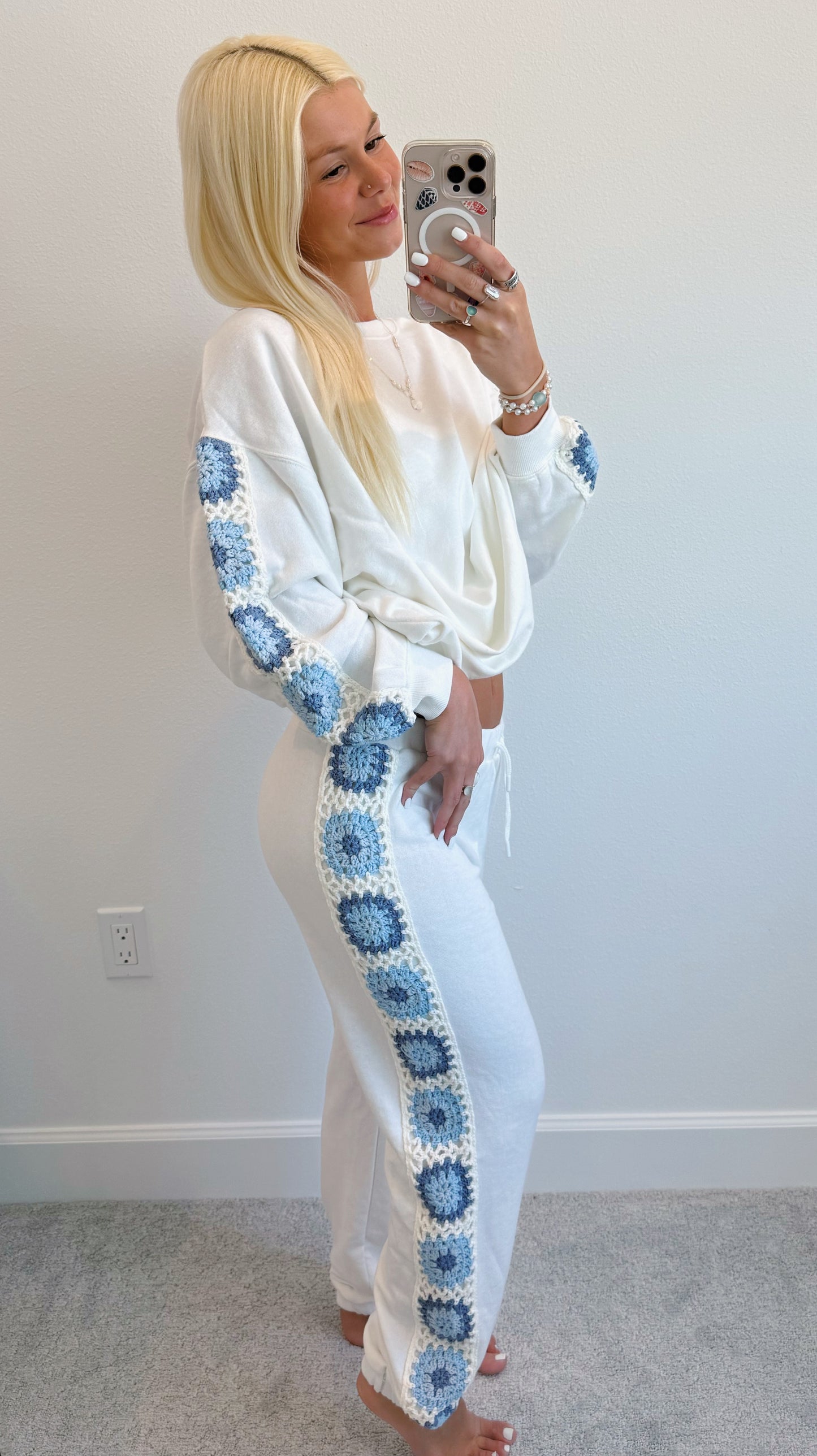White & Blue Crochet Joggers