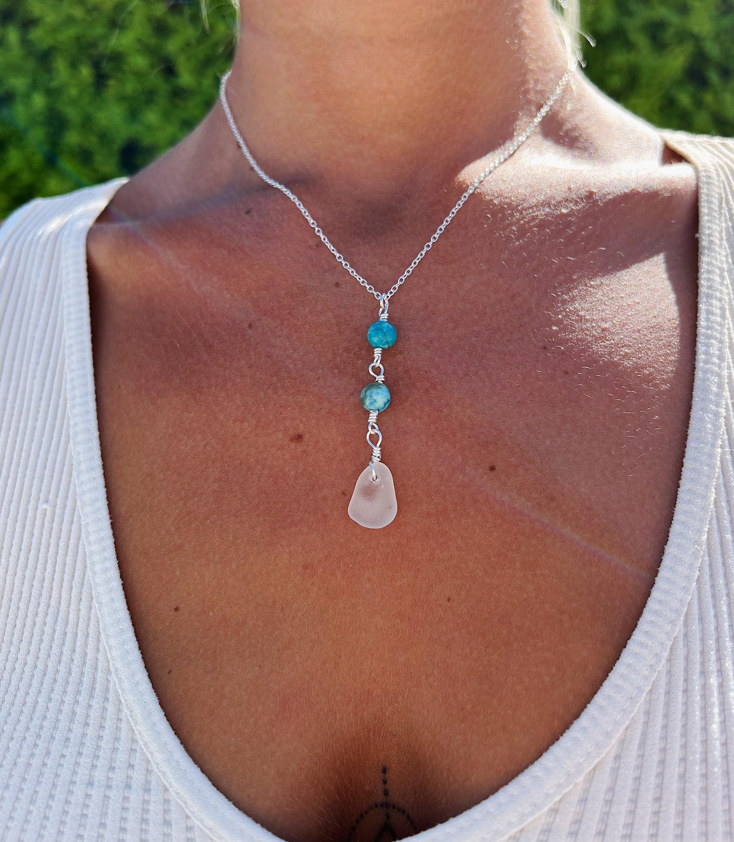 Blue Apatite Clear Sea Glass Necklace