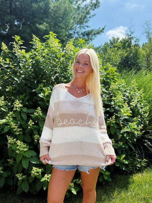 Sand Stripe Beach & Palm V Neck Knit Sweater