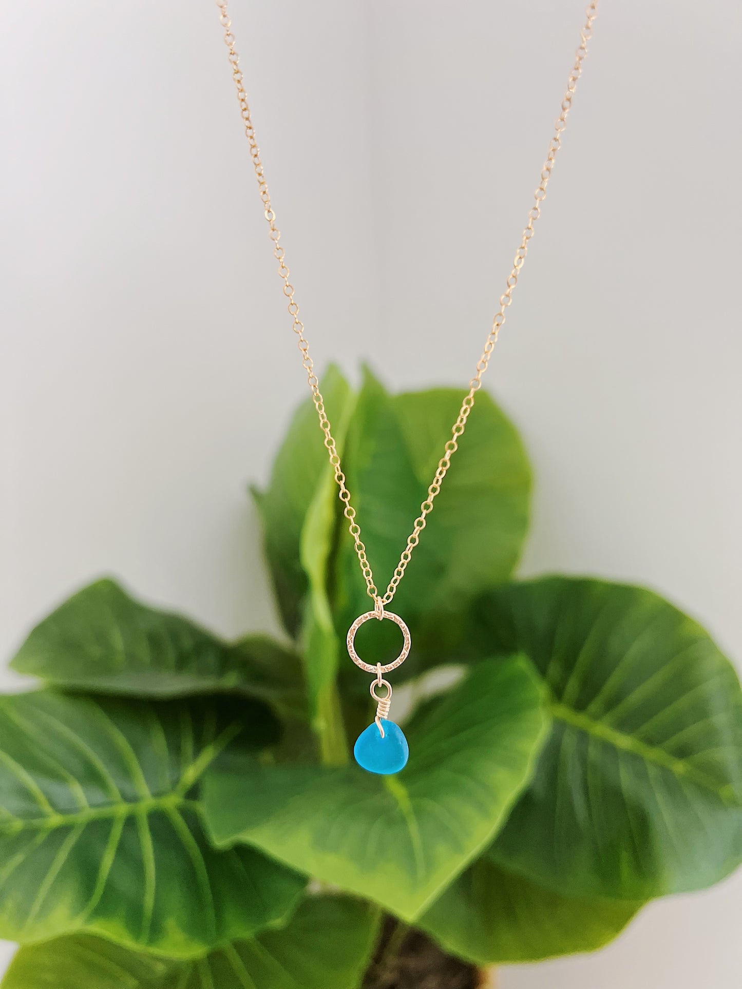 Gold Filled Ocean Blue Sea Glass Hammered Circle Necklace