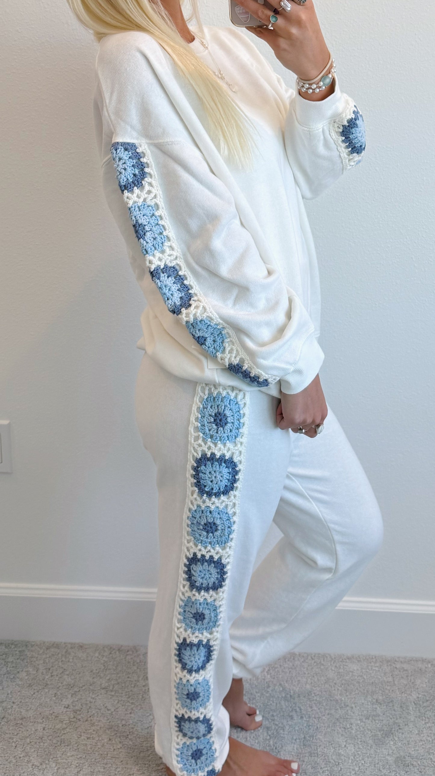 White & Blue Crochet Joggers