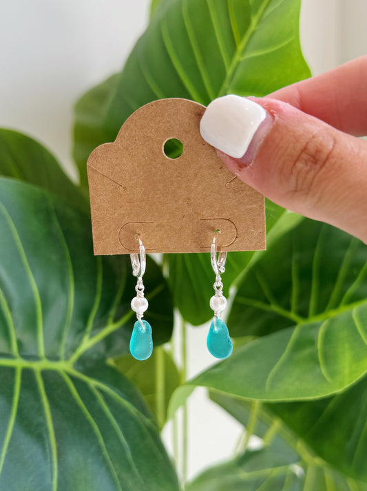 Silver Teal Sea Glass Pearl Hoop Earrings