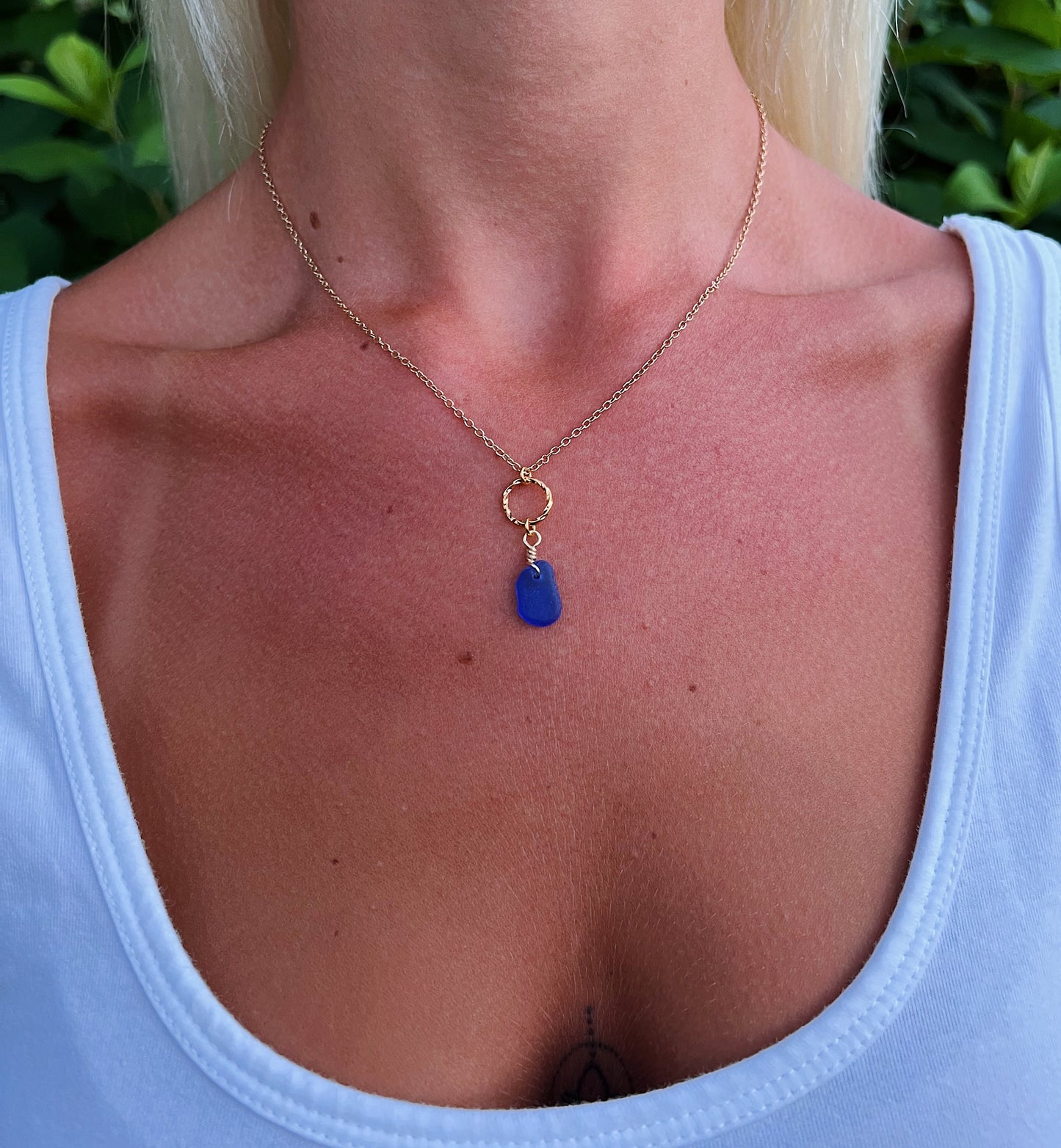 Royal Blue Sea Glass Circle Gold Necklace