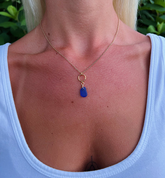 Royal Blue Sea Glass Circle Gold Necklace