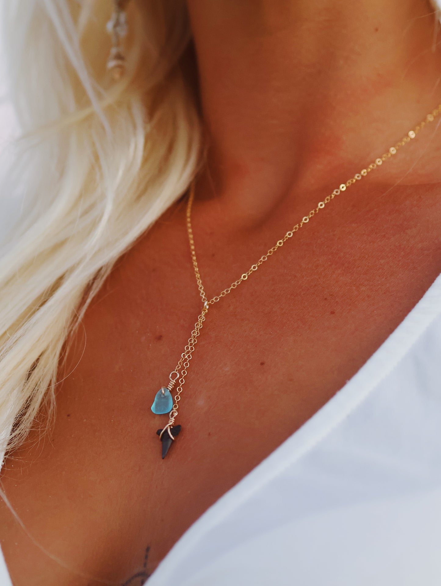 Gold Filled Shark Tooth & Light Turquoise Sea Glass Drop Necklace