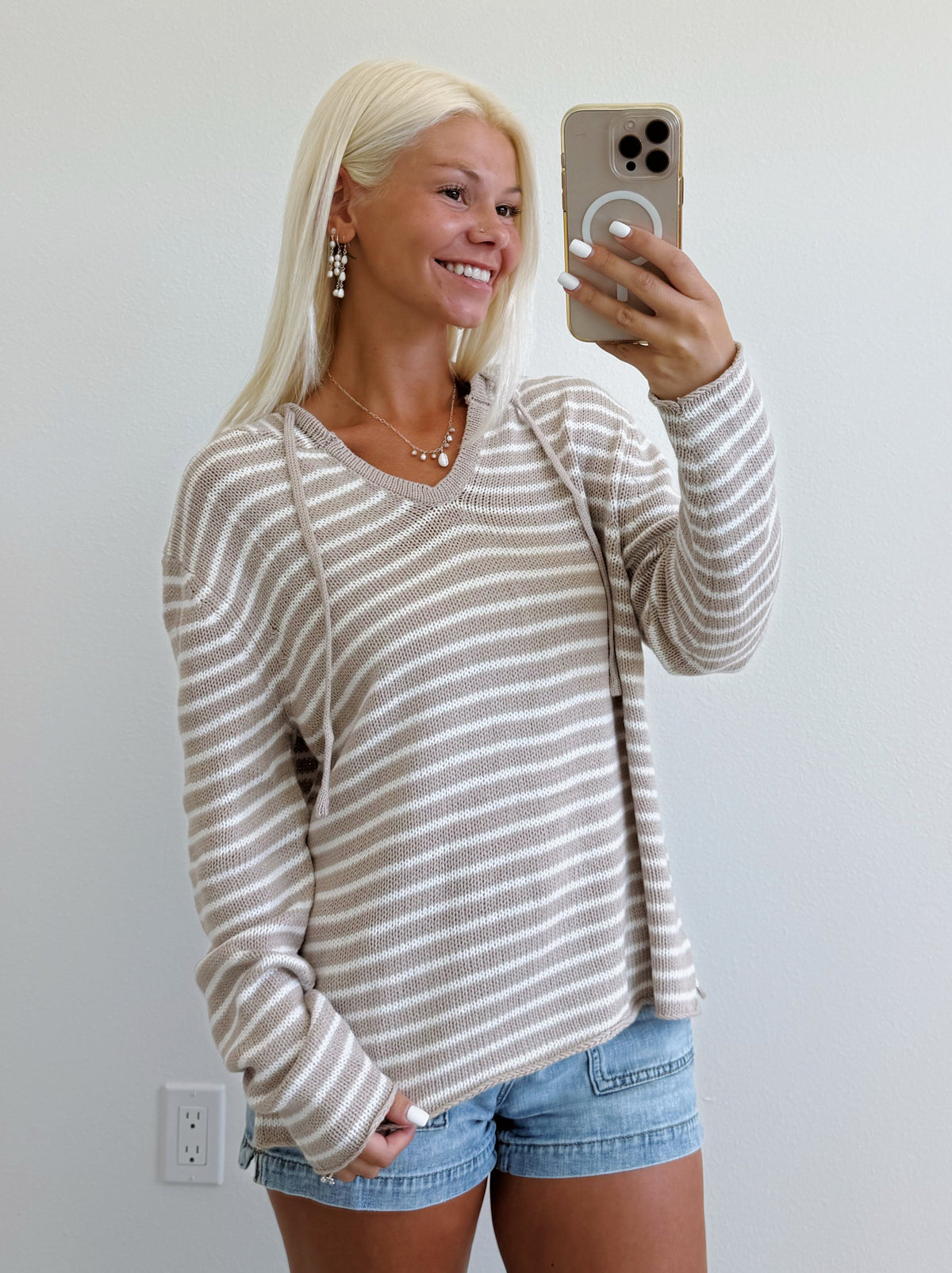 Beige & Ivory Striped Lightweight V Neck Hoodie Sweater