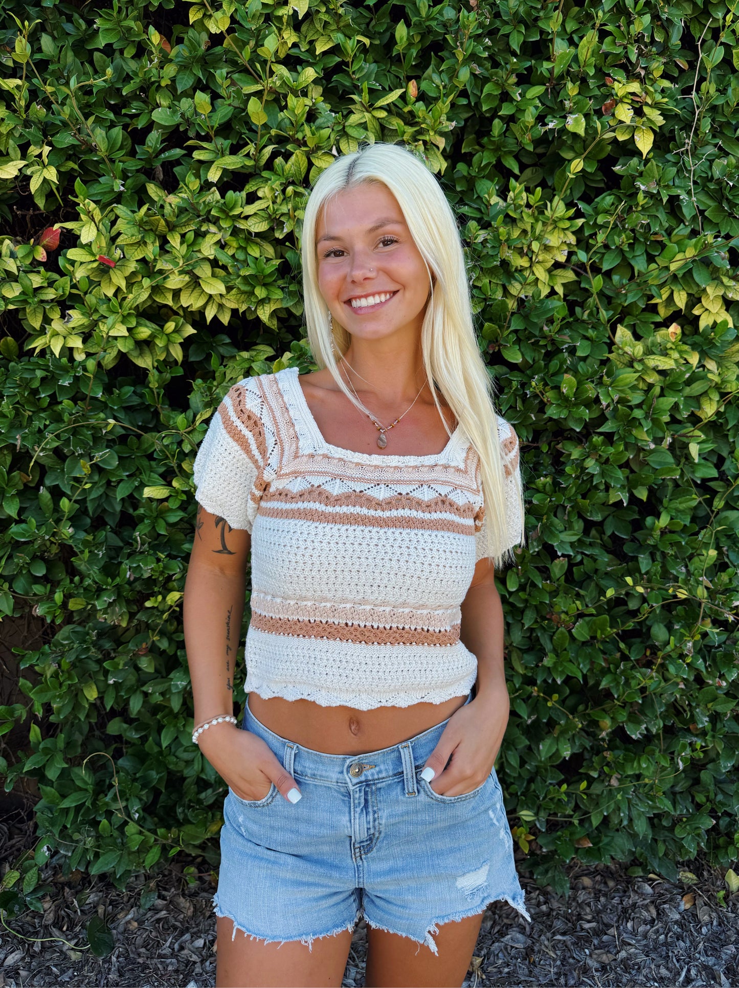 Neutral Stripe Crochet Short Sleeve Sweater