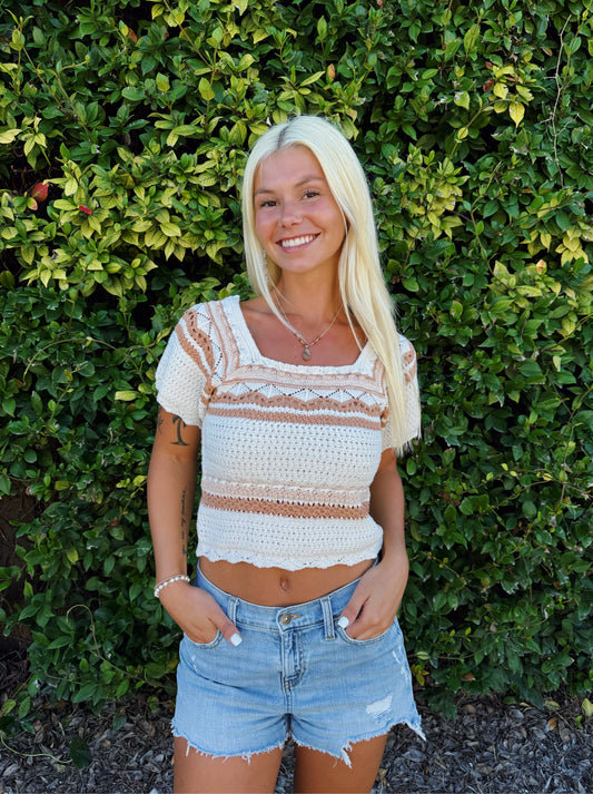 Neutral Stripe Crochet Short Sleeve Sweater