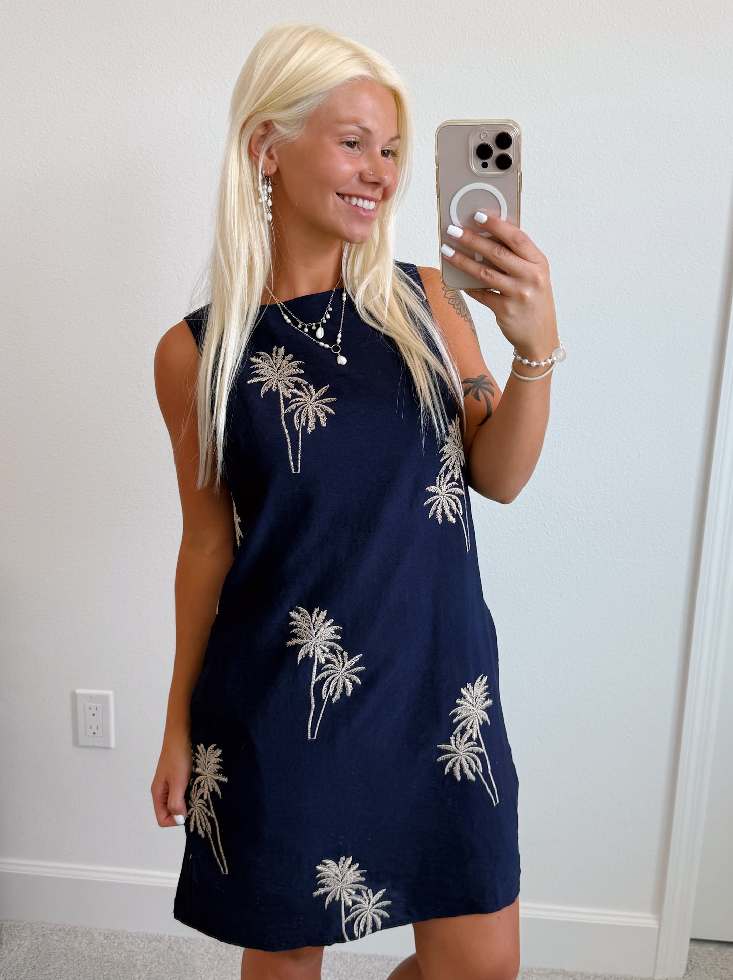 Navy Palm Tree Shift Dress
