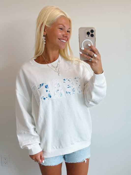 White Floral Beach Lettering Lace Crewneck