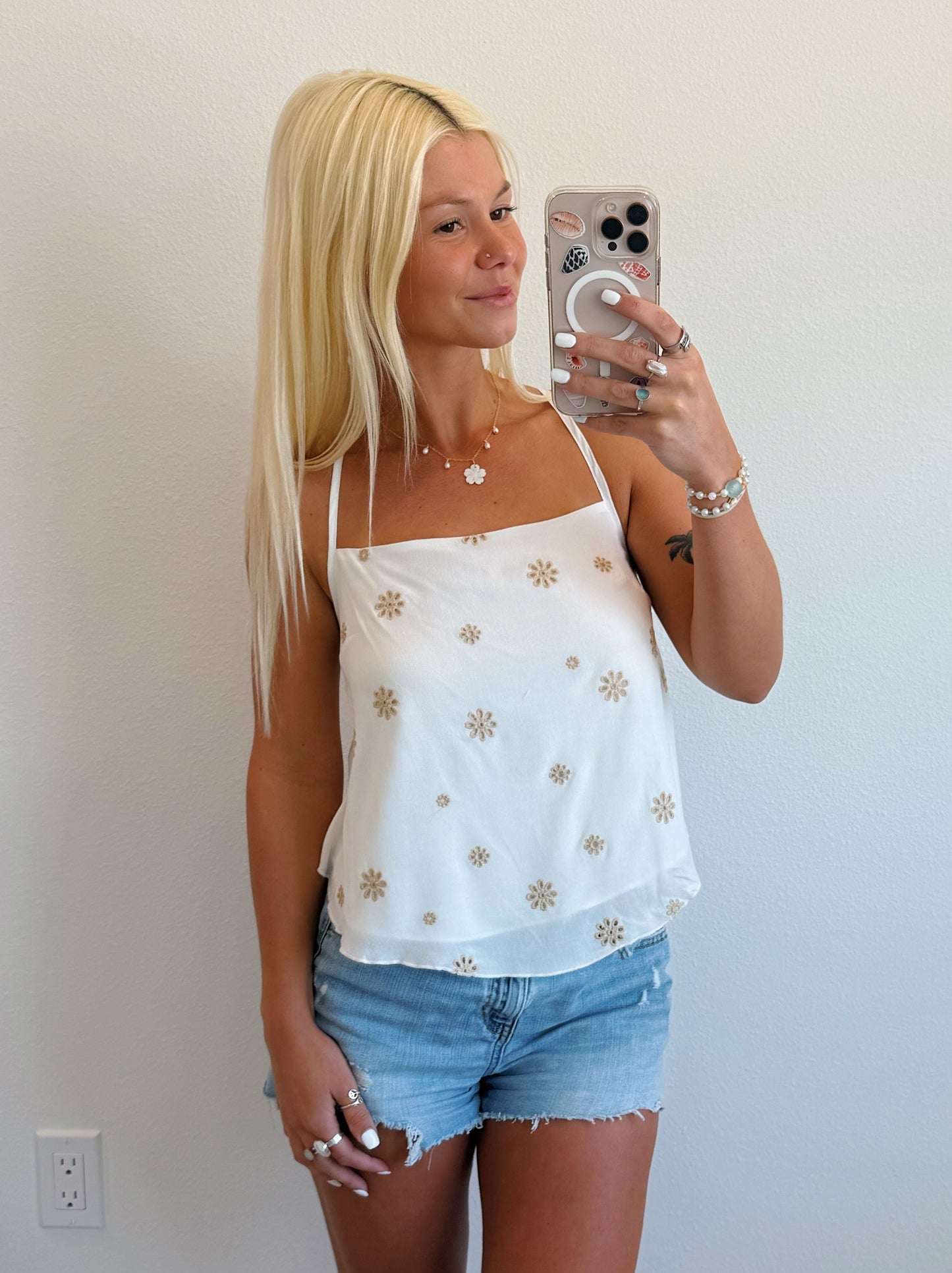 White Square Neck w/ Tan Flowers Tie Back Tank