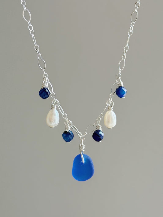 Sterling Silver Fancy Royal Blue Sea Glass Gemstone Necklace