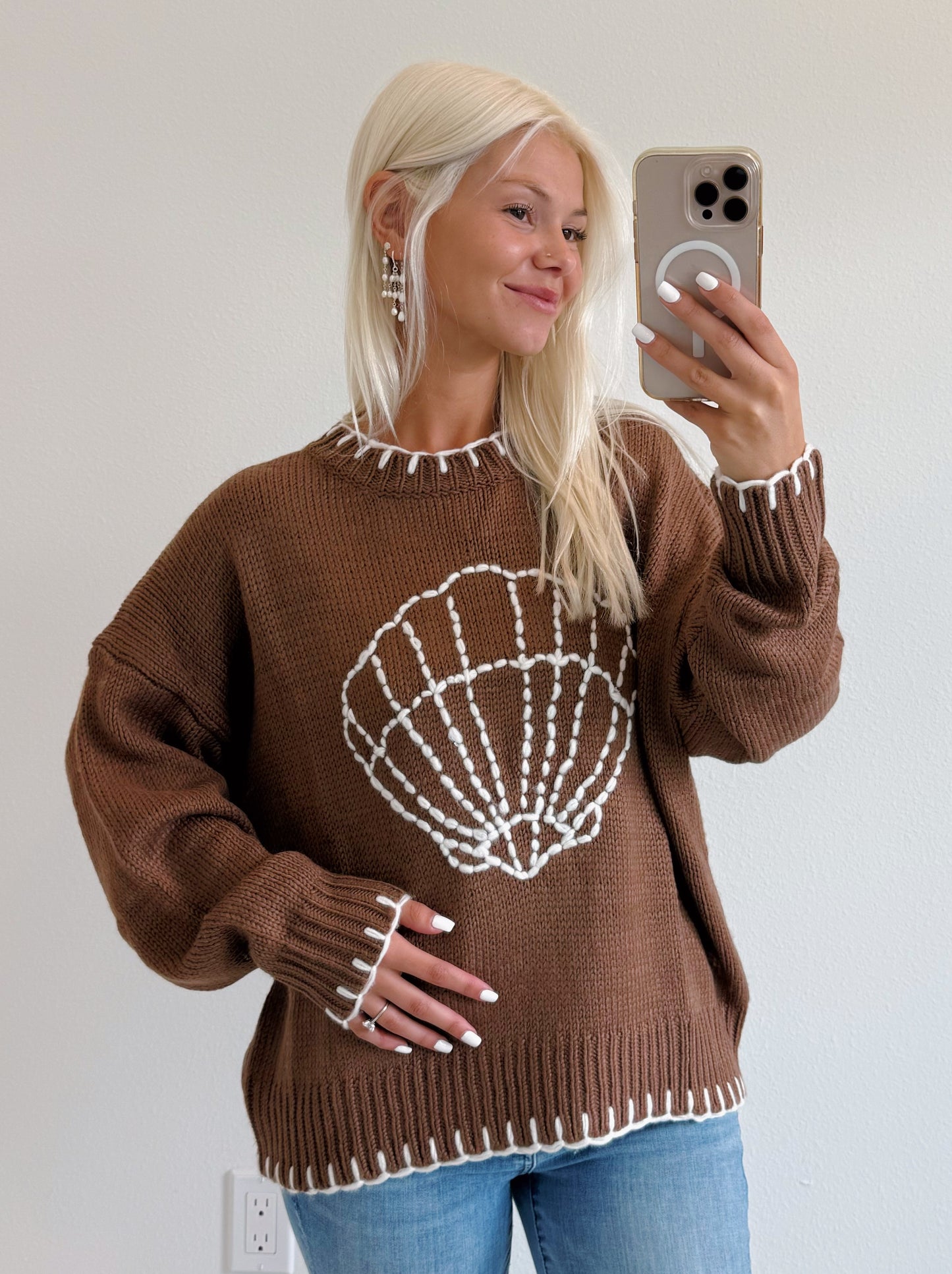 Chocolate Brown Shell Stitched Sweater