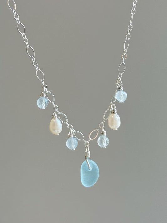 Sterling Silver Fancy Baby Blue Sea Glass Gemstone Necklace