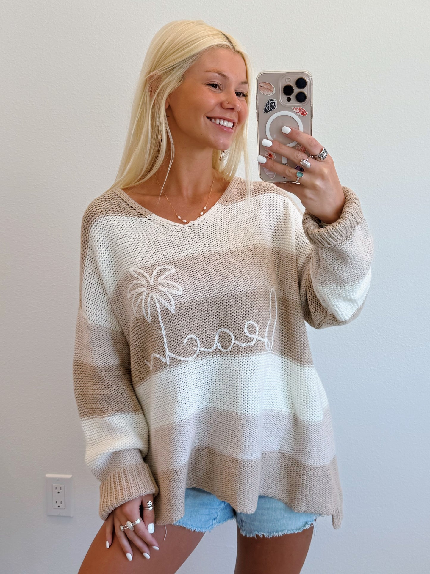 Sand Stripe Beach & Palm V Neck Knit Sweater