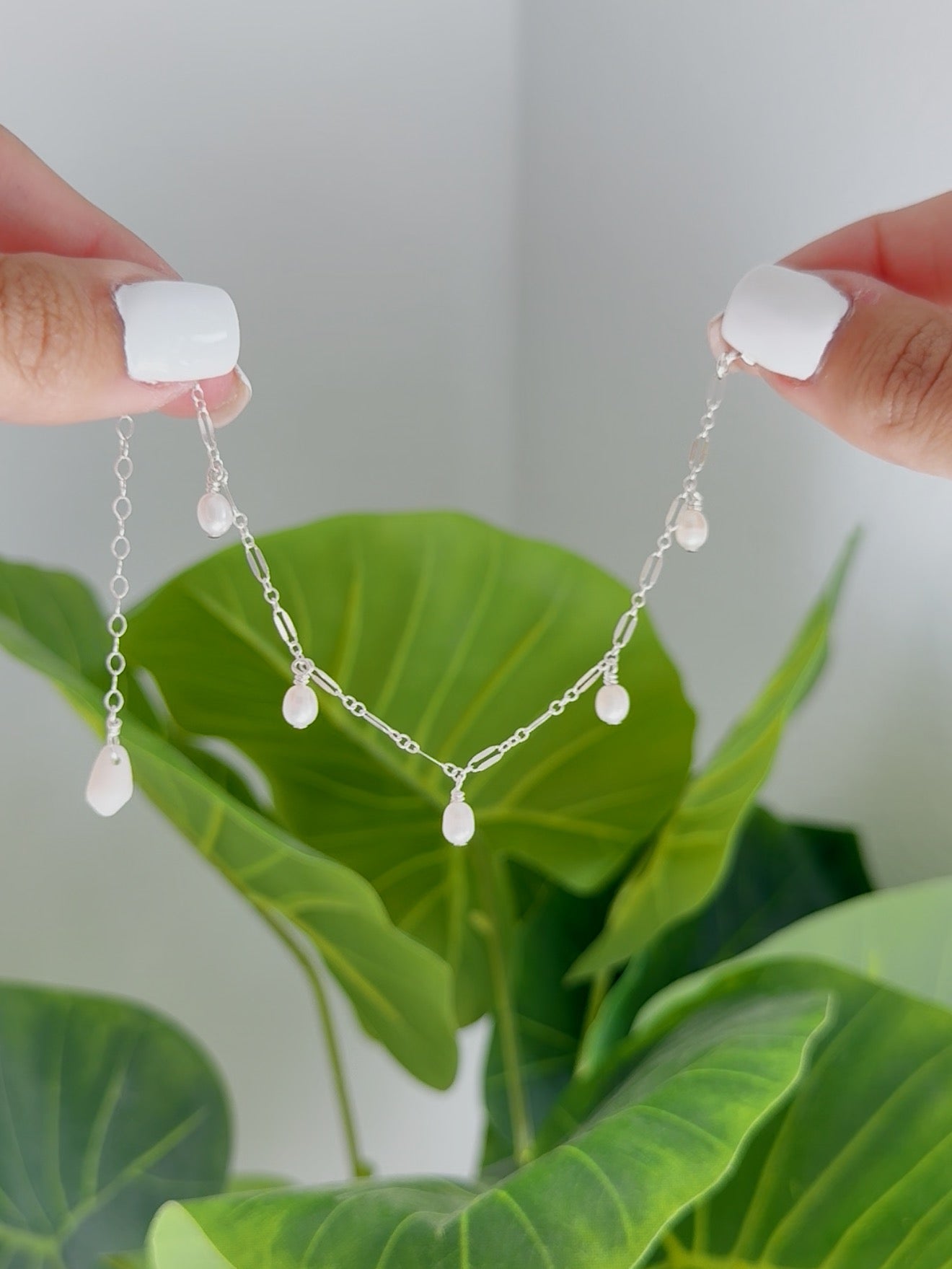 Sterling Silver Sparkle Chain Baroque Pearl Multi Bracelet with White Cone Shell Extender