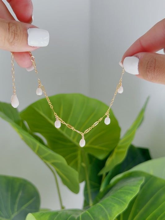 Gold Filled Sparkle Chain Baroque Pearl Multi Bracelet with White Cone Shell Extender