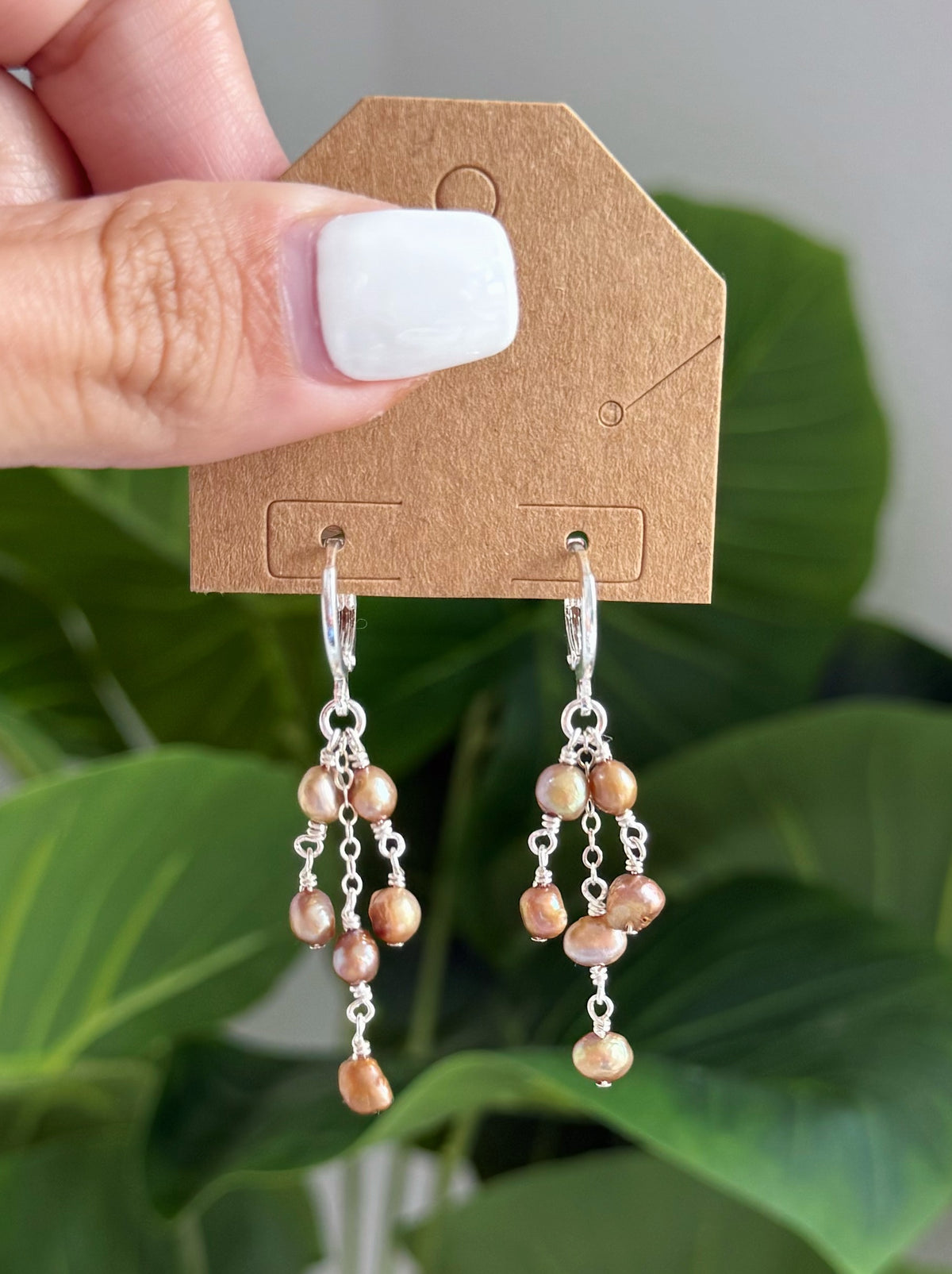 Sterling Silver Bronze Aura Pearl Chandelier Hoop Earrings