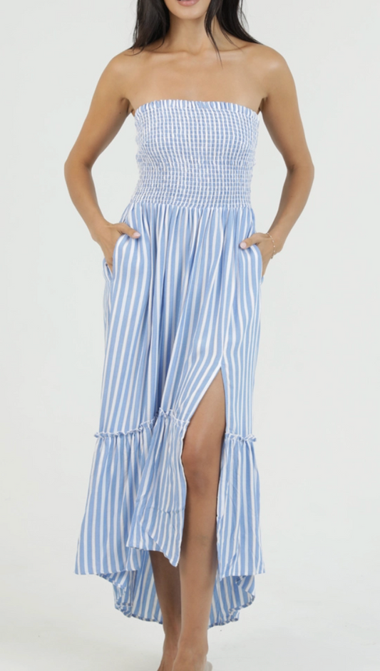 Blue Striped Smocked High Low Maxi Dress